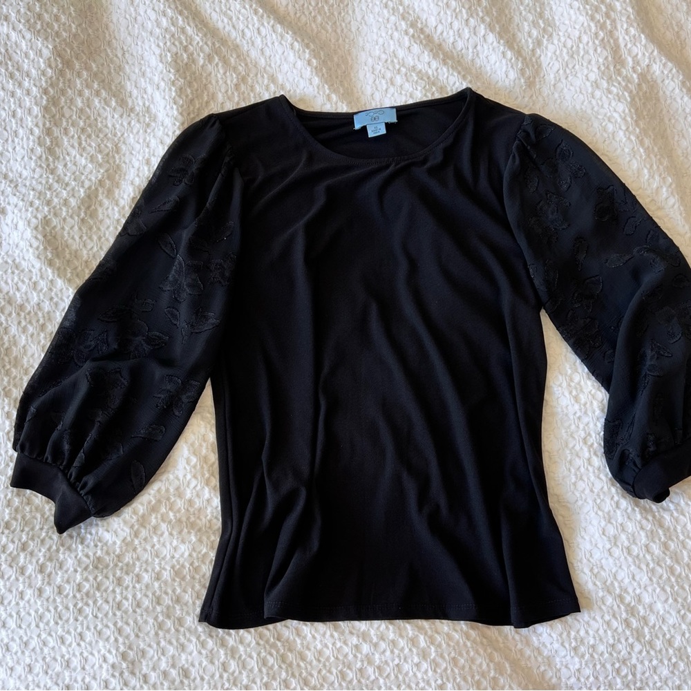 CeCe XS Black Blouse with Sheer Balloon Sleeves